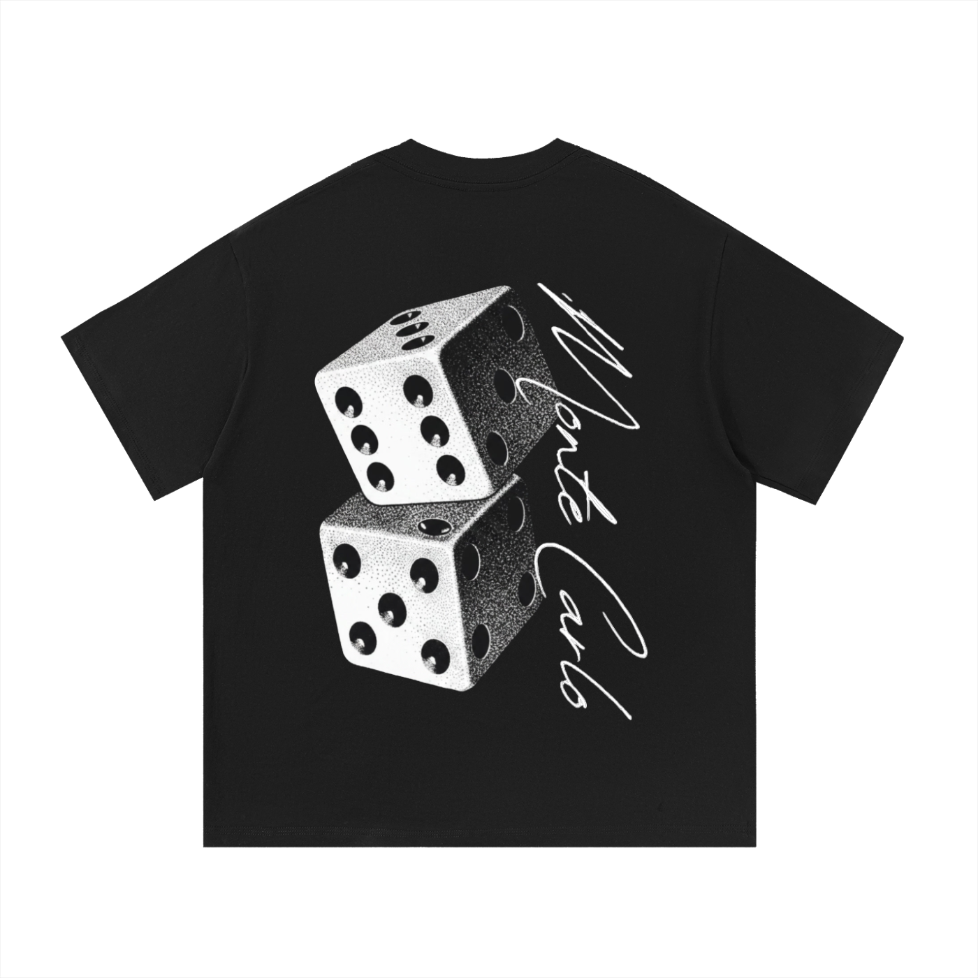 Black t-shirt with dice design and 'Monte Carlo' text on a white background